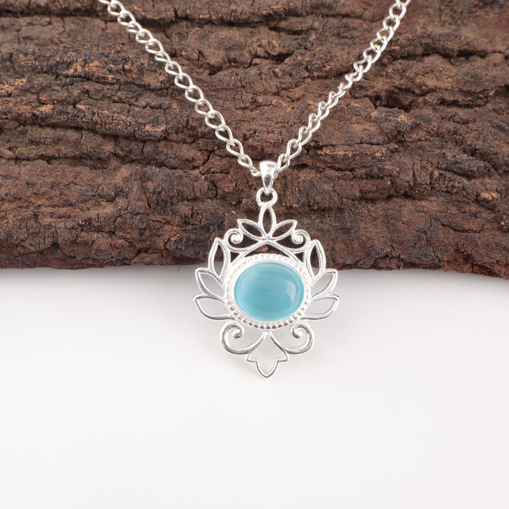 Blue Cat's Eye Gemstone 925 Sterling Silver Jewelry Handmade Oval Shape Pendant CP-1-45