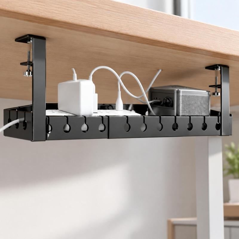 Under-Desk Cable Management Tray in Carbon Steel with Two Edge Clamps and Open Access, Extendable Power Strips Cord Holder for Stored Power