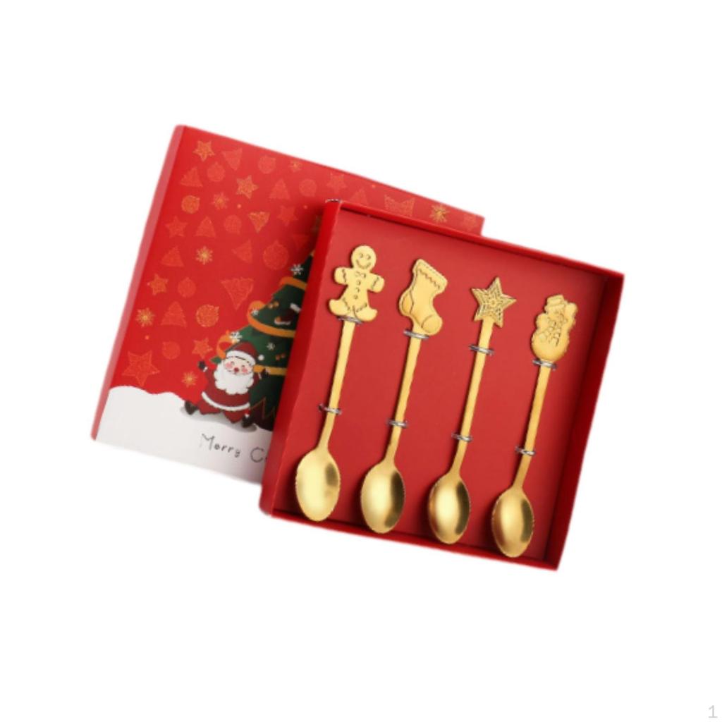 4Pcs Christmas Spoon Set Tea Flatware Portable Kitchen Utensils Dessert Xmas Cutlery