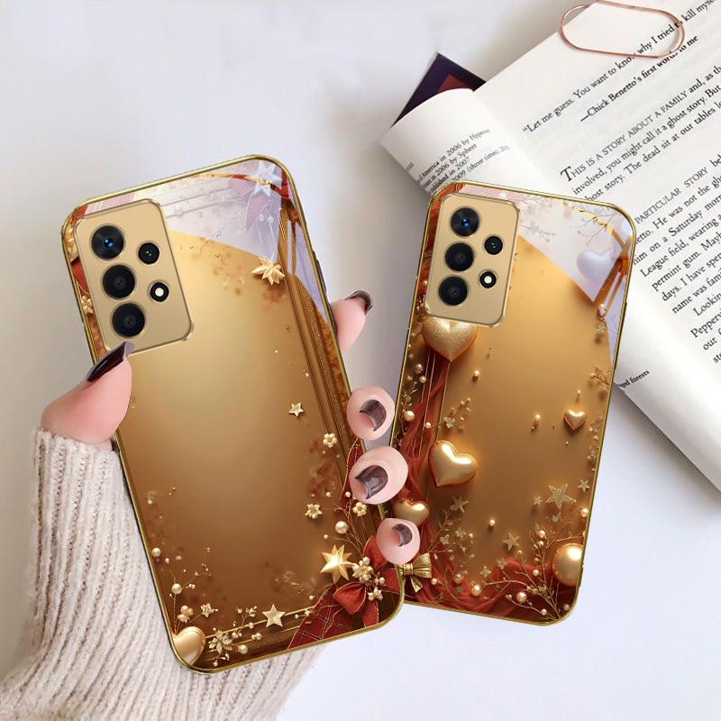 Golden ribbon and bow For Samsung A 01 52S A04 A05S A10 A12 13 22 23 24 36 42 M02 Note 10 20Ultra 8 9 Golden glass phone case