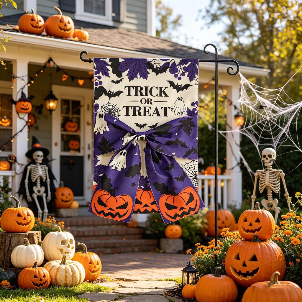 30*45cm Halloween Garden Flag, Double Sided Linen Bow Decor, Digital Printed Yard Banner for Patio Lawn Decoration