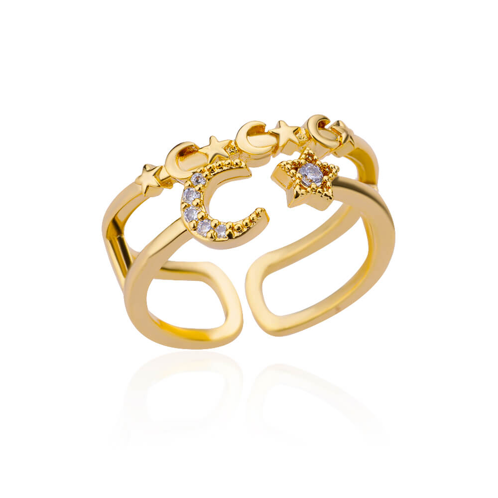 Anéis Abertos de Camada Dupla com Zircônia para Mulheres Cor Dourada Ajustável Aço Inoxidável Anel Casamento Estética Joias Presente Bijoux Femme