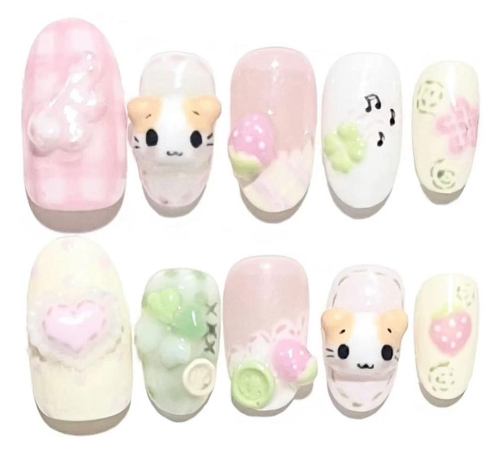 Handmade 3D Cute Rabbit Cat Pink Chocolate Dessert Cream Cartoon Almond Shaped Press On Nails Art Stickers