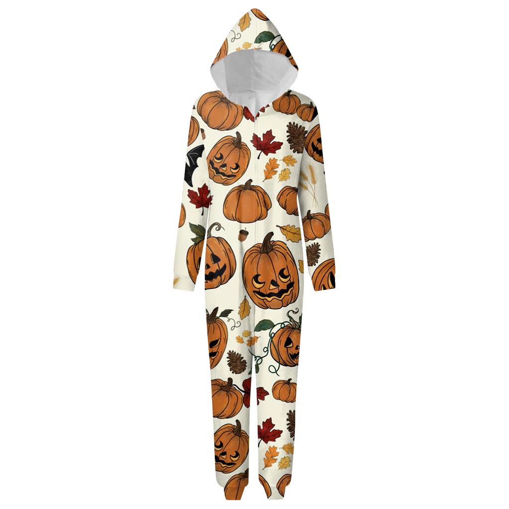Halloween Printed Family Matching Hooded Long Sleeved Zippered Hooded  Jumpsuit Set