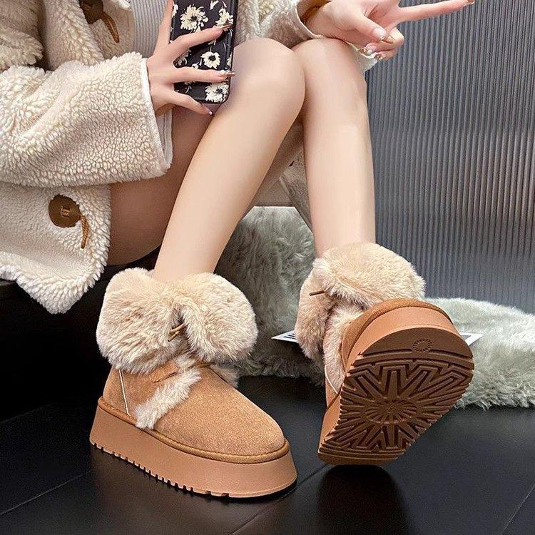 Thick-soled snow boots winter new lace-up two wear piled thickened large cotton shoes medium tube cotton boots