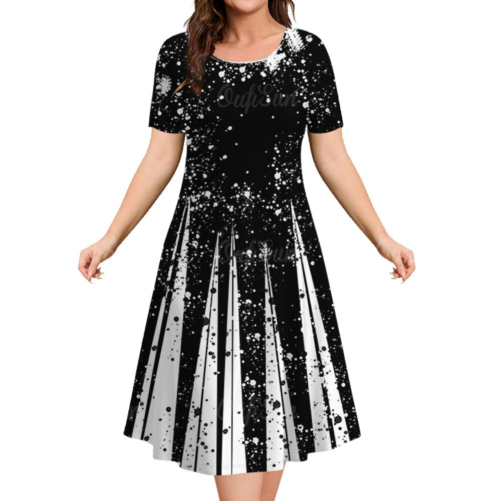 Damen Sommerkleider Vintage Bedruckt Mode Kurzarm Rundhals Kleider