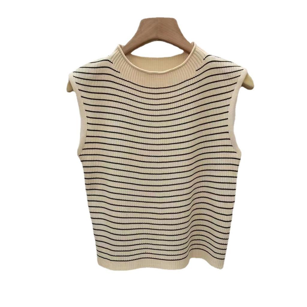 Fashion Design Sense Temperament Sleeveless Round Neck Knit Shirt Striped Undershirt Female Sweet Slim Thin Tops Casual Slim Fit Pullovers Tees
