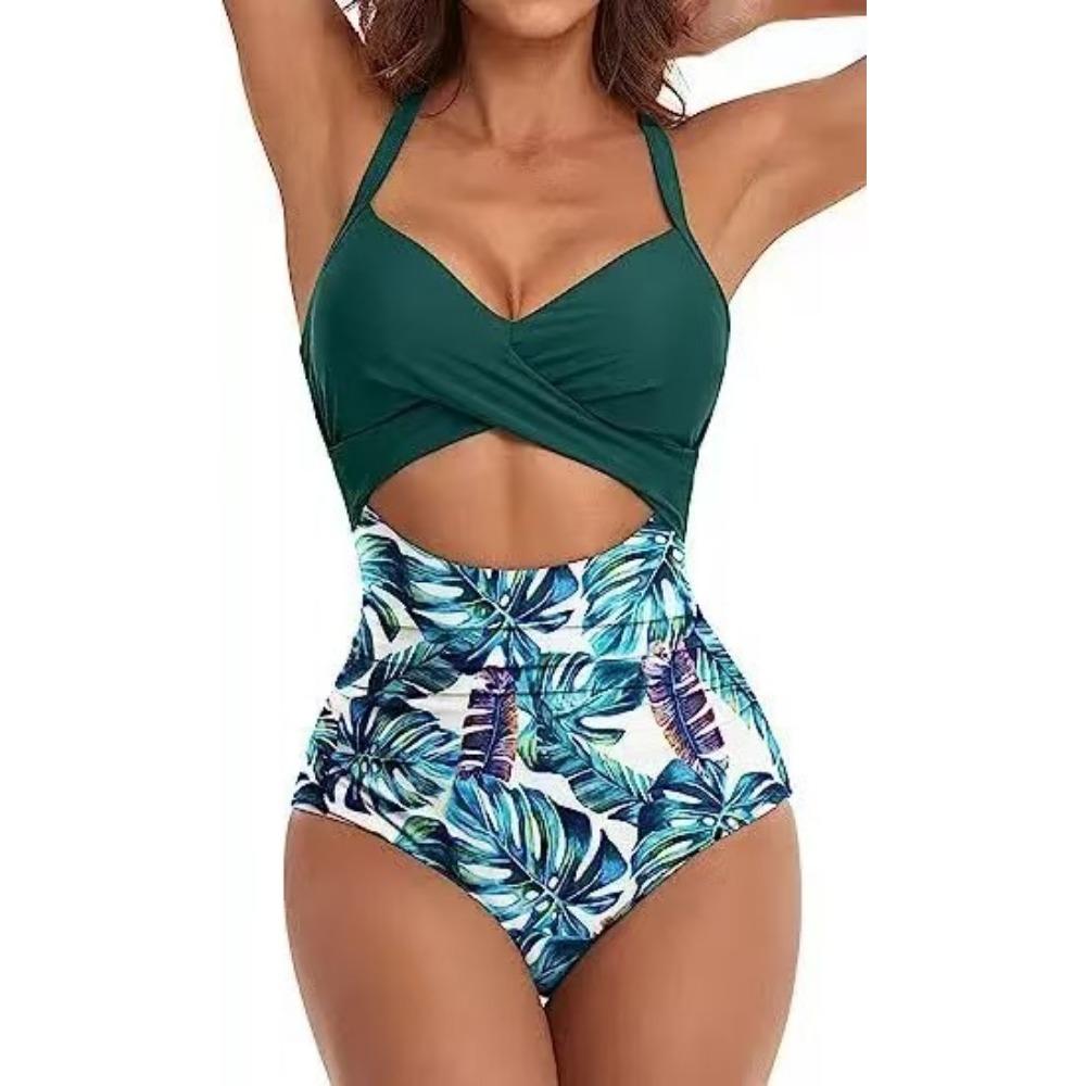 One-piece Solid Color Swimsuit Women's European and American Backless Splicing Sexy Swimsuit Cross Leopard Print Straps