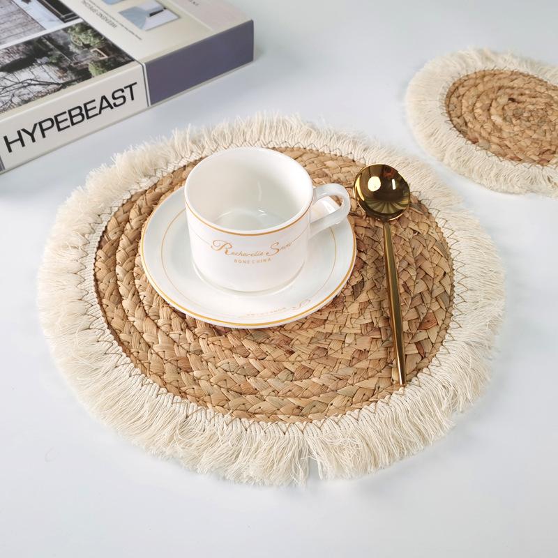 1PC Round straw placemat water hyacinth woven Western restaurant table mat with thickened insulated fringe edge coasters