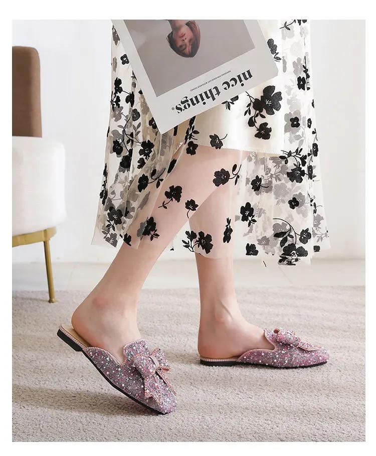 Scarpe da Donna Moda Ciabatta Estiva Cristallo Brillante Fiocco Sandali Casual Ragazza Zoccoli Piatte Scarpe