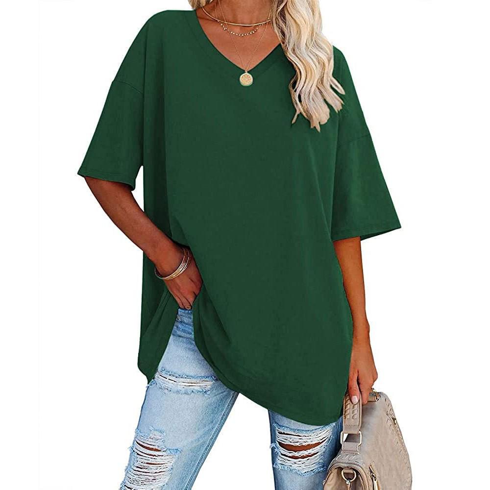 European and American Women's Summer V-Neck Loose Cotton Top – Solid Color, Short-Sleeve