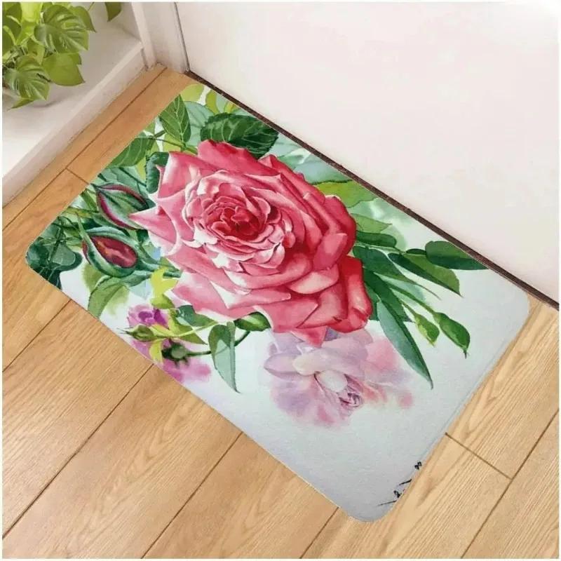Golden Red Rose Print Home Decor Carpet Washable Floor Mat for Living Room Bedroom Kitchen Non Slip Sofa Coffee Table Area Rug