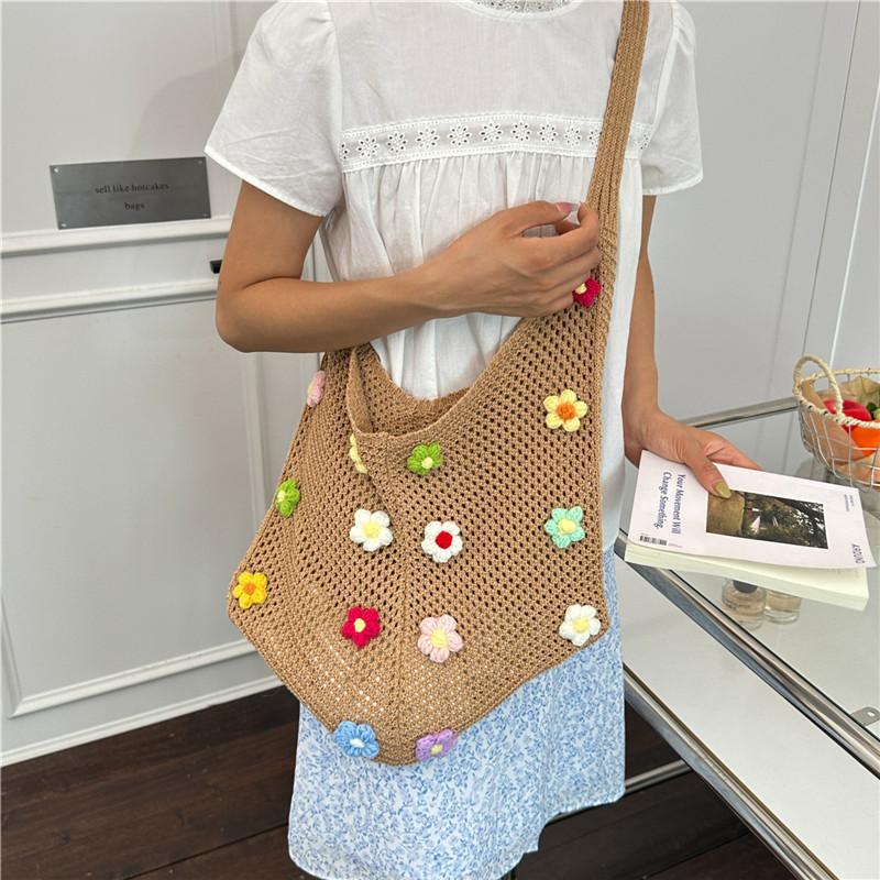 Lazy Wind Flowered Knitted Bag, Shoulder Bag, Large Capacity Tote Bag, Commuting Large Bag
