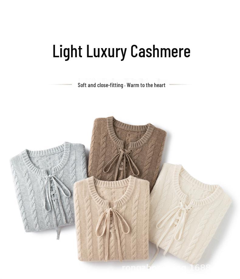 Double-Line Lace-Up Cashmere Sweater: Women's Thickened Loose-Fit, Round-Neck Cable Knit for Autumn/Winter.