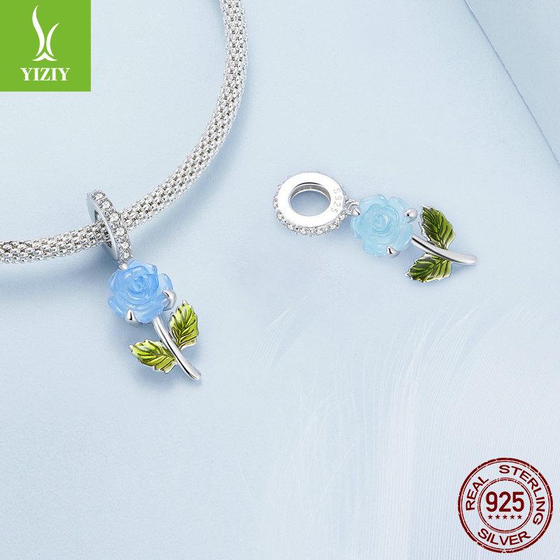 Yinziyun S925 Silver Rose Pendant with UV Color-Changing Flower Beads for DIY Bracelet