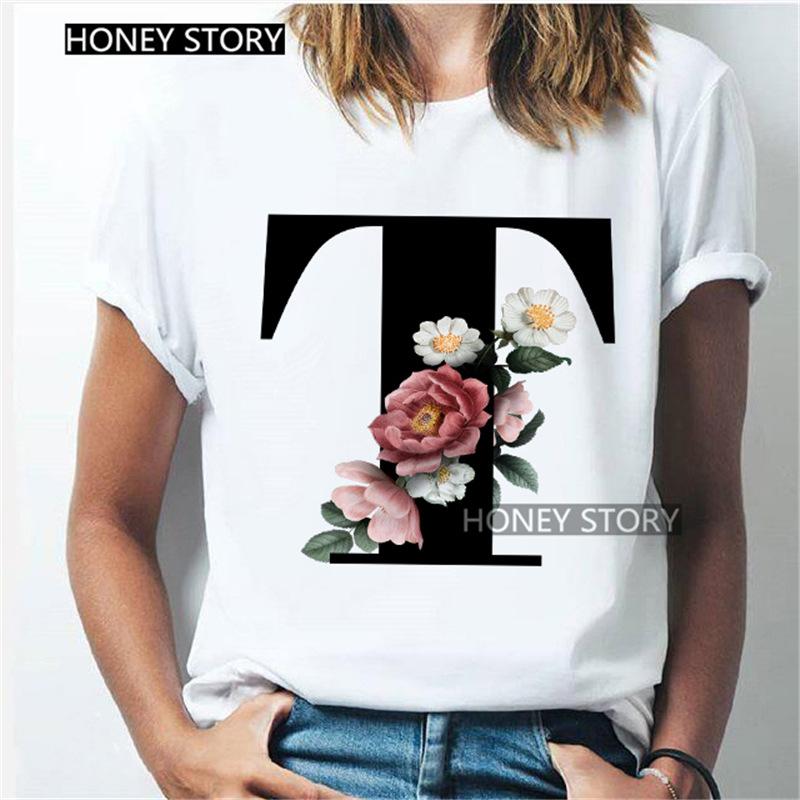 Kawaii English Alphabet Flowers Graphics Female T-Shirt 90S Summer Loose Short Sleeve Round Neck Female Tops Clothing