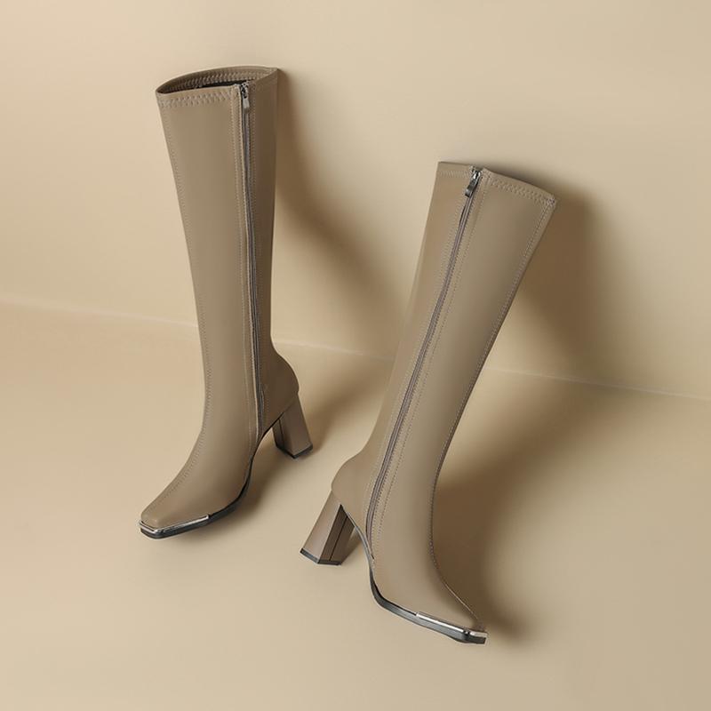 Winter Fashion Square Metal Toe Women Knee High Boots Street Style High Heel Mordern Long Botas Mujer