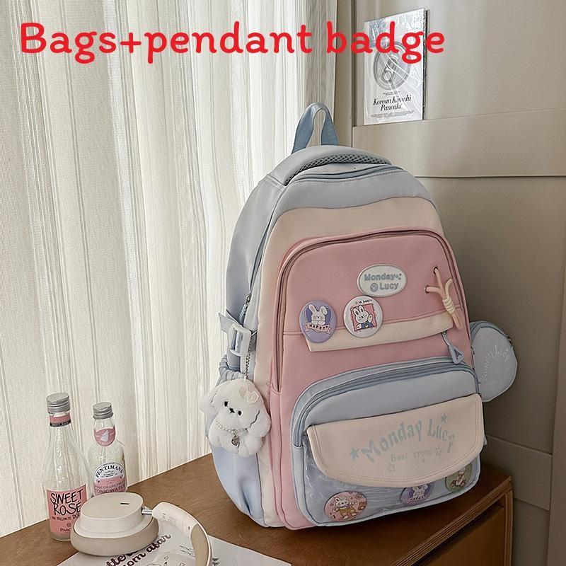 Color Simple Blocked Letter Pattern Student Backpack With Badge Pendant And