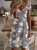Vneck Shortsleeve Midi Dress Floral Women Print Pattern 3D Premium Printing Durable Casual Fashion Elegant Summer Outfit Soft Fabric Beach Wear Stylis