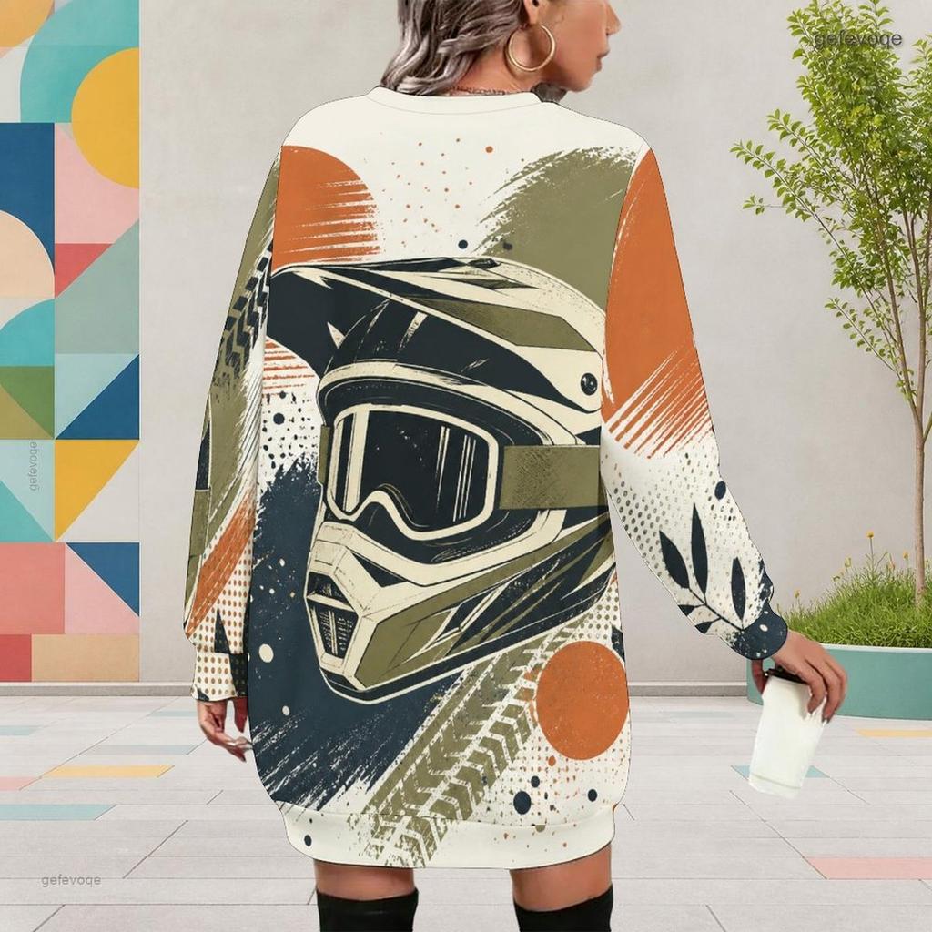 Women Plus Size Round Neck Long Sleeve Cartoon Printed White Yellow Sweatshirt Dress