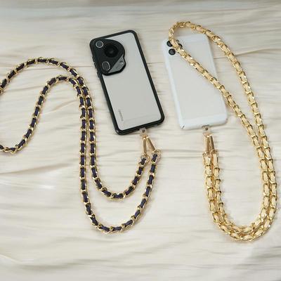 New Phone Accessory Long Cellphone Chain Anti Lost Universal Metal Leather Shoulder Neck Crossbody Phone Strap Case Holder Chain