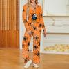 Women's Casual V-Neck Long Sleeve Pajama Set with Halloween Print and Pockets