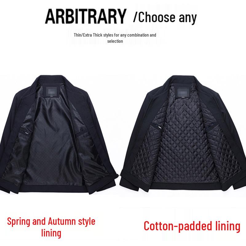 Férfi Tavaszi és Őszi Apa Hétköznapi Kabát - Középkorú és Idős, Hajtókás, Laza Szabású, Őszre és Télre Pamuttal Bélelt