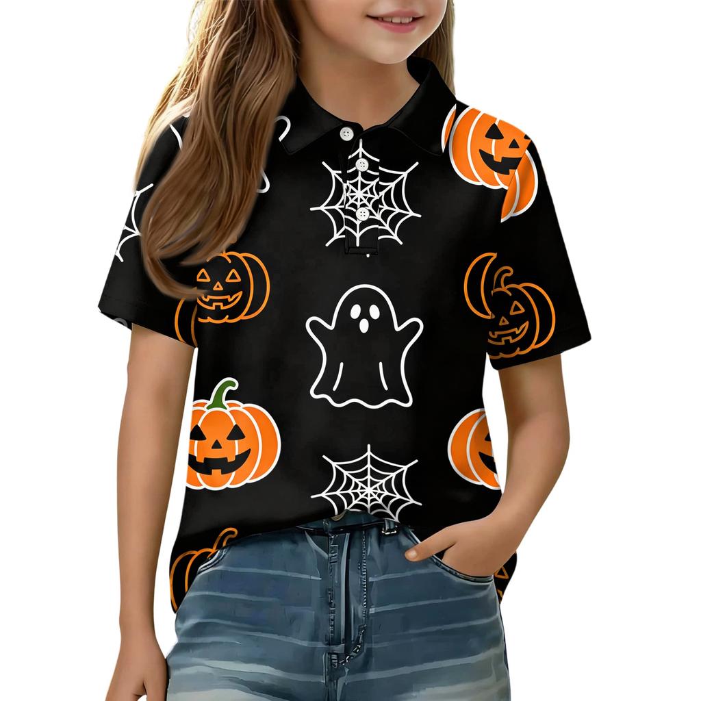 Kids Halloween Print Short Sleeve Polo Shirt Casual Comfortable Fit Button Down Top for Boys and Girls Suitable for Everyday Wear