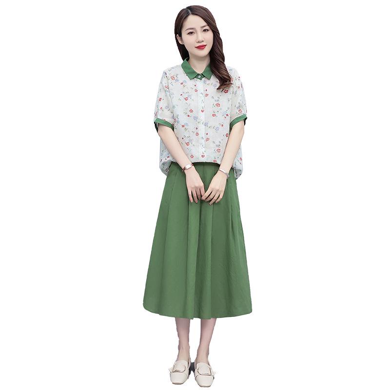 Women's Summer 2025 Floral Ramie Two-Piece Suit: Age-Reducing Top and Skirt Set