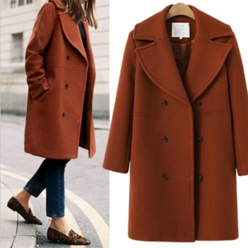 Autumn and Winter Plus Size Women's Woolen Coat Double-breasted Mid-length Trench Coat