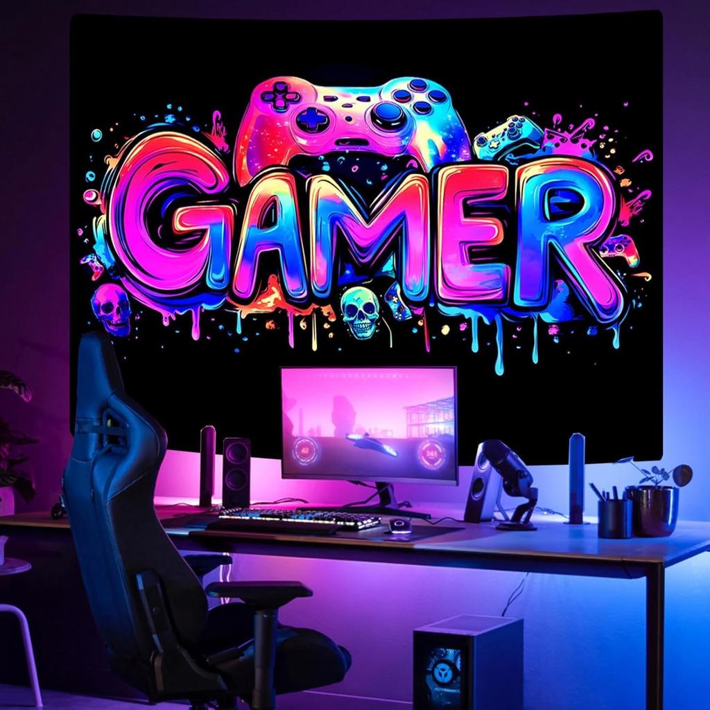 SparkLia Gamer Gaming Tapestry, Blacklight Game Controller Horror Skull Wall Hanging, UV Reactive Skeleton Glow in the Dark Wall Decor for Bedroom,