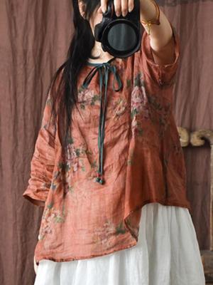Women Vintage Print Floral TShirts Linen Thin Tops Summer Female Loose Clothes TShirts