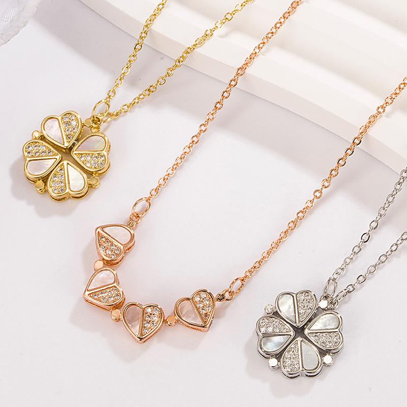 Ladies Crystal Four Leaf Clover Love Heart Pendant Necklace