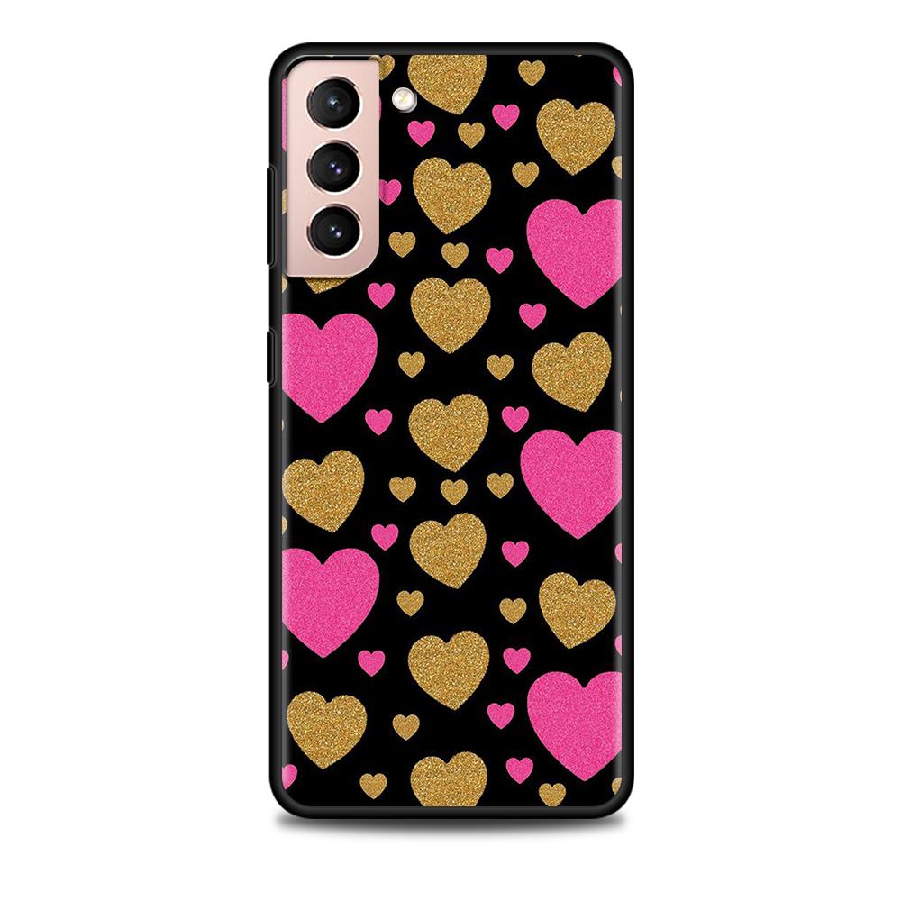 Niedliche Mädchenhafte Rosa Goldene Herzen Hülle für Samsung Galaxy S20 FE S21 S22 Ultra S10 Plus S9 S8 S10e S7 Edge Silikon Schwarz Handyhülle