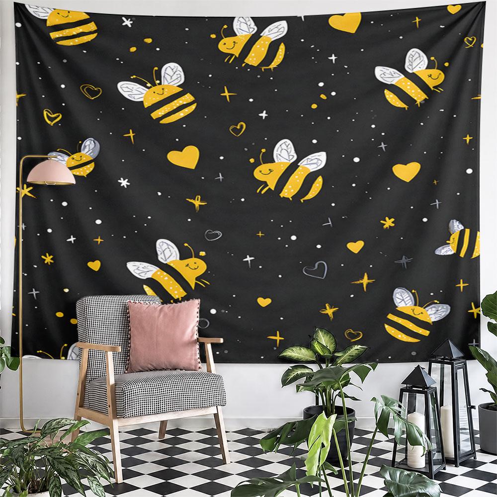 Cute Bees and Hearts On Black Background Pattern Wall Hanging Tapestry Decorative Tapestry Home Decor for Bedroom and Living Room