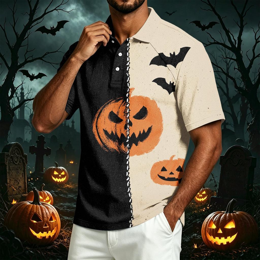 Men's Casual Lapel Lightweight Cotton Linen Breathable Short Sleeve Shirt with Halloween Pumpkin Print for Daily Wear