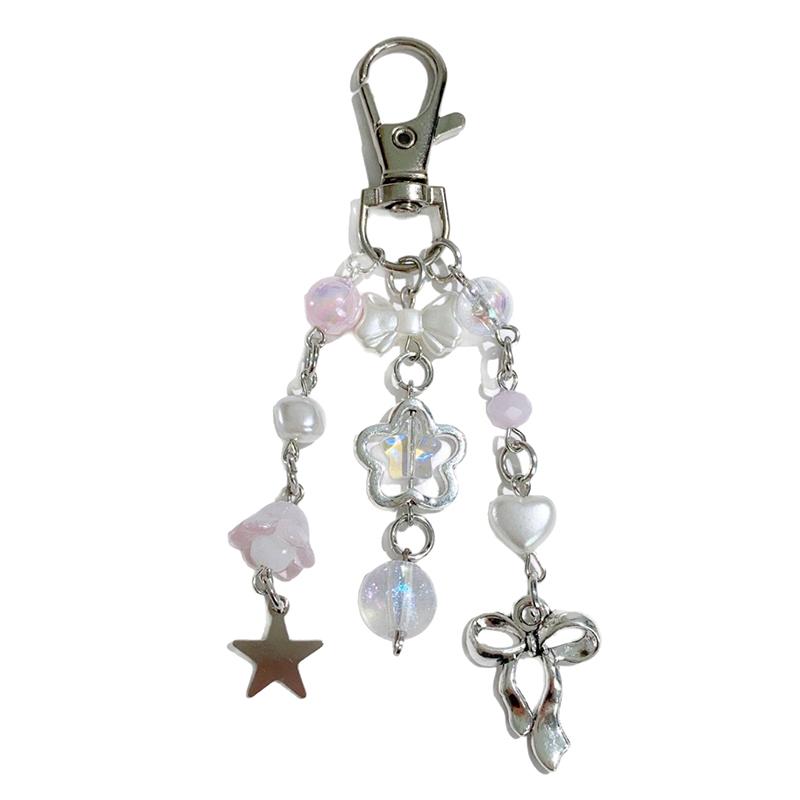 Korean Style Fresh Bow Star Keychain Y2K Sweet Beaded Keyring Girly Bag Pendant Key Accessories Cute Key Holder Gift