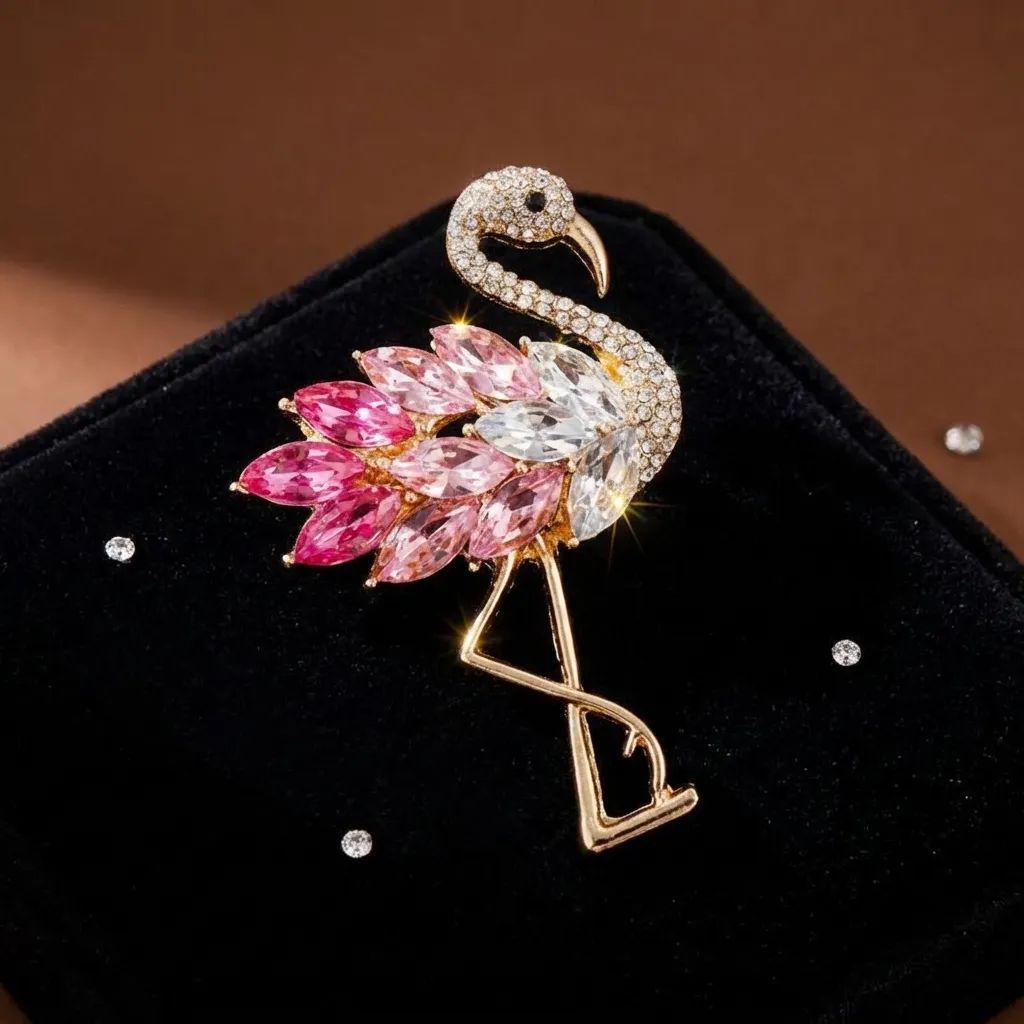 Hand-Painted Enamel Pink Flower Brooch with Diamonds - Retro Animal Design
