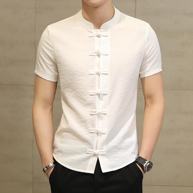 Mens Chinese Style Mandarin Collar Short Sleeve Linen Cotton Shirt M