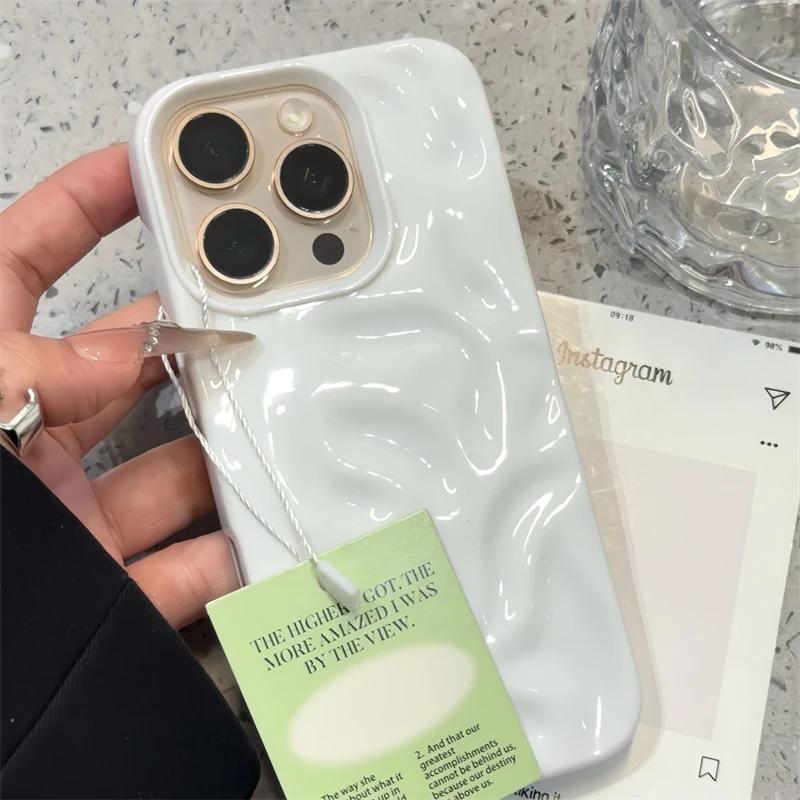 Luxury 3D Wrinkle Case For iPhone 16 15 14 Plus Pro Max 12 11 13 Candy Solid Color Wave Pattern Soft Silicone Aesthetic Cover