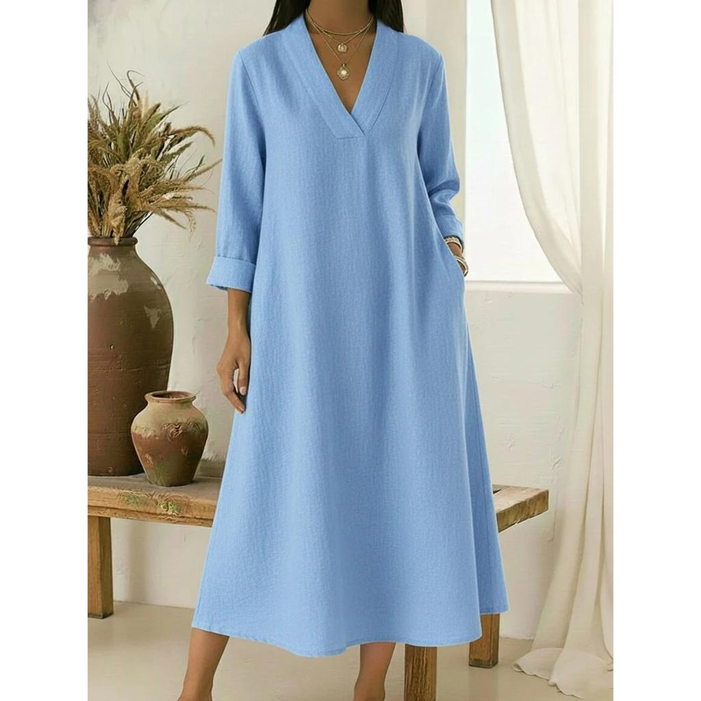 Spring New Women's Casual V-Neck Long Sleeve Cotton Linen A-Line Loose Long Midi Dress for European and American
