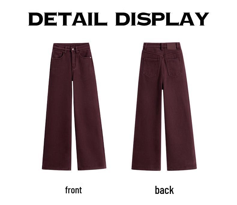 Women's Wide-Leg Wine Red Cotton Jeans - High Waist, Loose Drape, Casual for Autumn/Winter, Japanese Korean Style