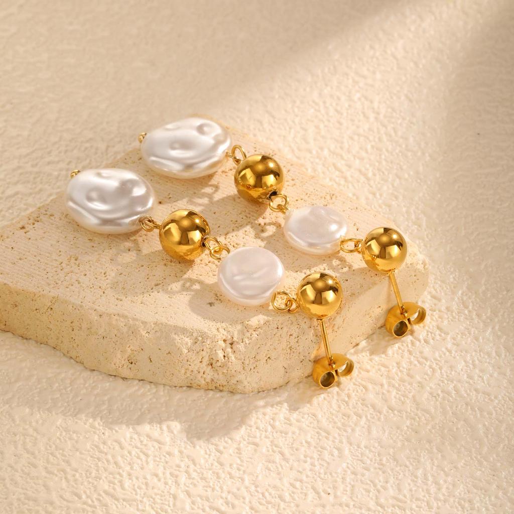 Vintage Irregular Imitation Pearl Earrings for Women, Gold Color Stainless Steel Drop Earrings, Elegant Jewelry Party Gifts
