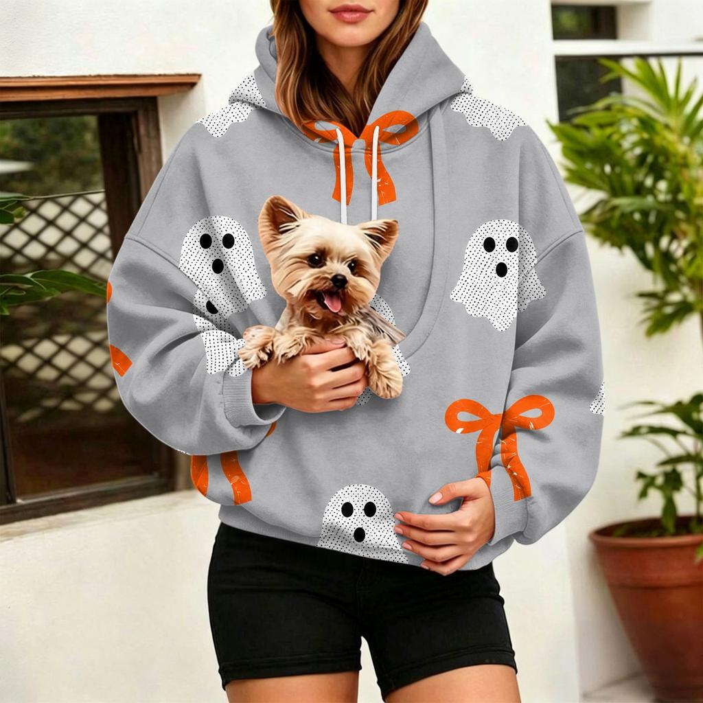 Women's Halloween Print Hoodie with Large Pet Pocket for Fall and Winter Casual Wear