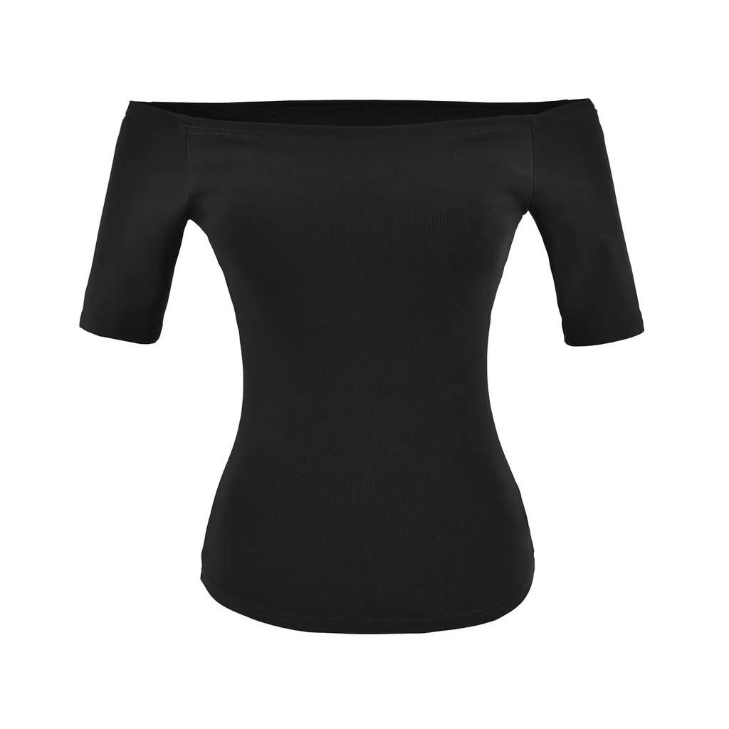 One-word collar medium-sleeved T-shirt women's summer new American Spice Girl solid color slim-fitting short bottoming top