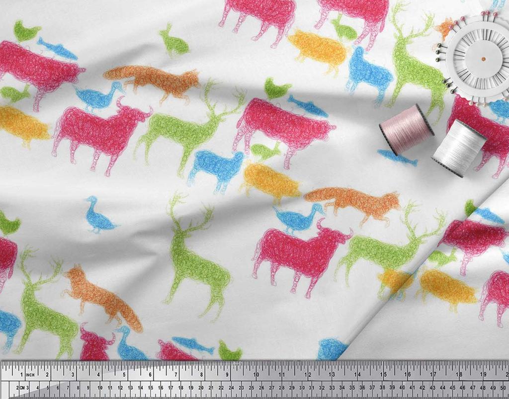 Soimoi Japan Crepe Satin Fabric Birds & Animals Hand Drawn Print Fabric by Metre 42 Inch