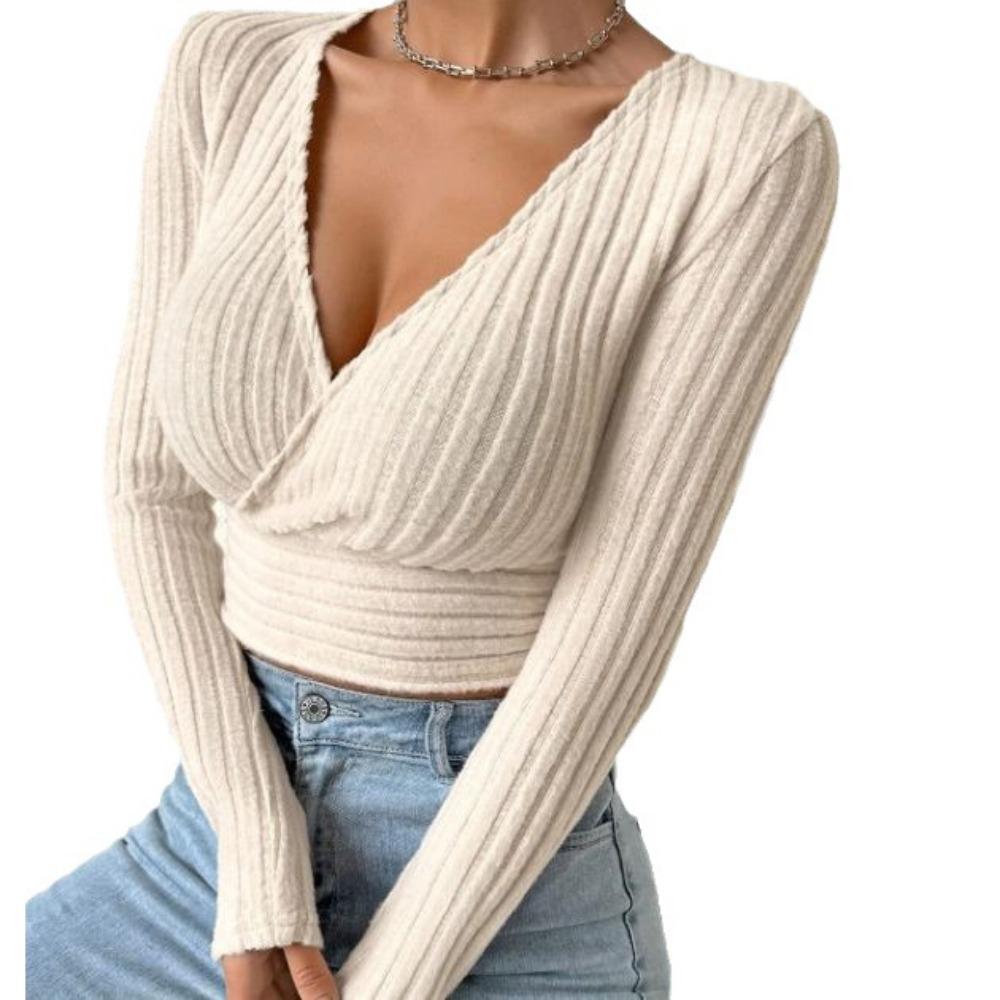 IHUASU Women's Fall Short Spice Deep V-Neck Slim Sexy Long Sleeve T-Shirt
