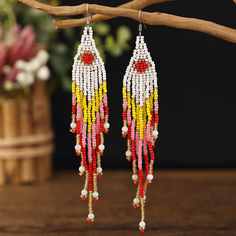 Bohemian Long Tassel Earrings: Elegant Handmade Korean-Style Woven Seed Bead Design for Women.