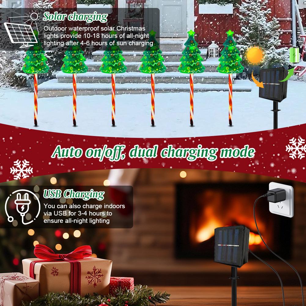 6 Pack Solar Xmas Tree Light 6 Modes Xmas Tree Candy Cane Light USB Rechargeable Decorative Pathway Light for Courtyard Balcony