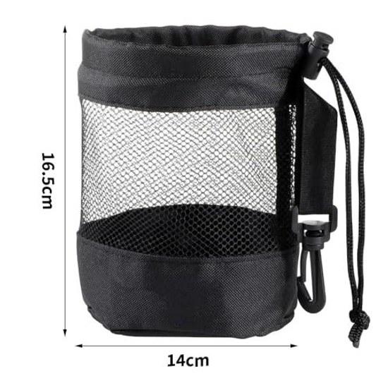Golf Ball Case Pouch Holds 20 Balls 16.5cm 14cm Mesh Drawstring Carabiner Black Storage Bag.